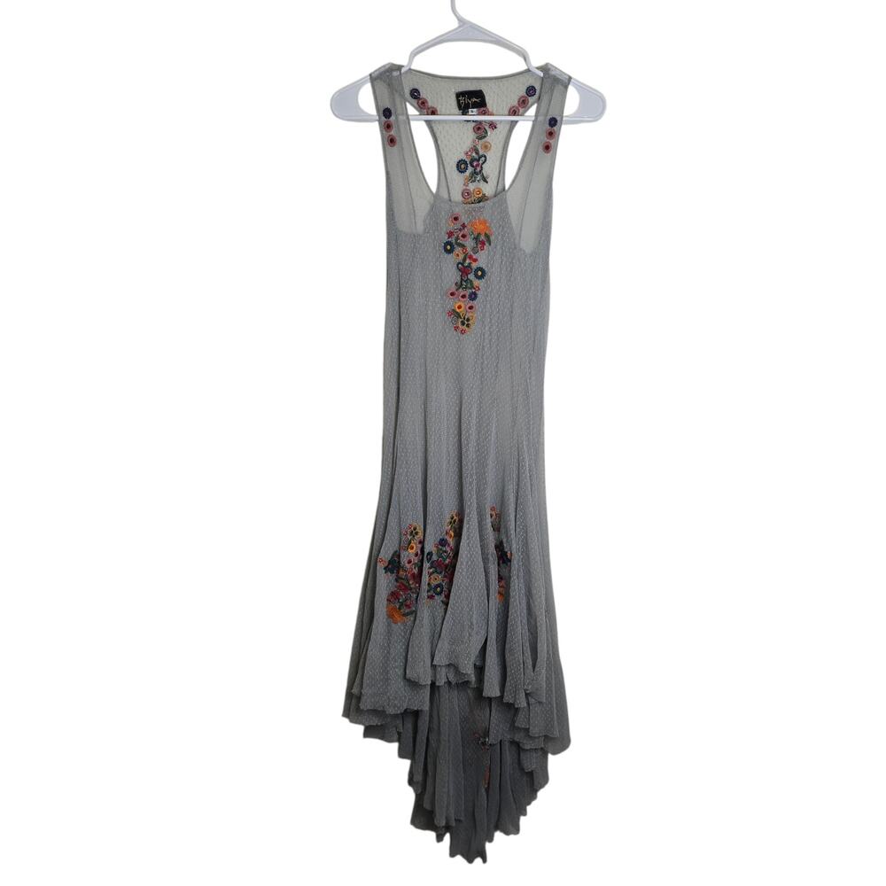 Biya by Johnny Was Mesh Floral Embroidered High Low Dress Artsy Boho Grey Small